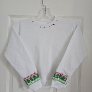 Upcycled Handmade One Of a Kind White Kids Sweatshirt With Floral Cuff, Medium
